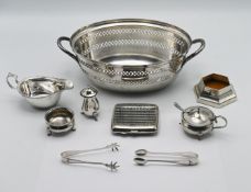 A quantity of silver and silver plate, to include a silver cigarette case, pair of sugar tongs,