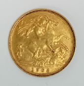 An Edward VII 1905 gold half Sovereign.