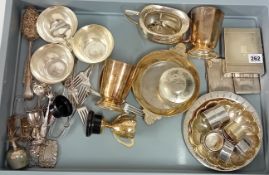 A quantity of silver plate, to include a cigarette box, napkin rings, spoons, etc. (approx 43)