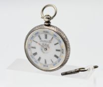 A ladies silver pocket watch, hallmarked, roman enamel dial with painted floral decoration, by Kay
