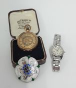 A 14ct gold ladies pocket watch, with floral roman dial, boxed, total weight 32.6g, together with