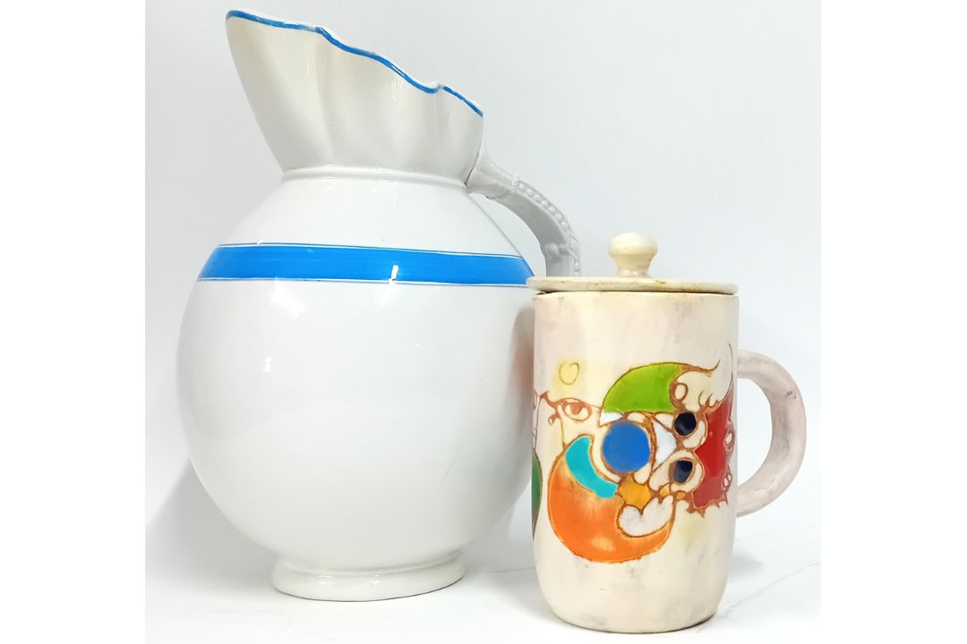 A modern abstract design French studio jug, with lid together with a large blue and white jug