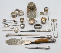 Two silver and enamel teaspoons, together with various other silver and silver plate items, to