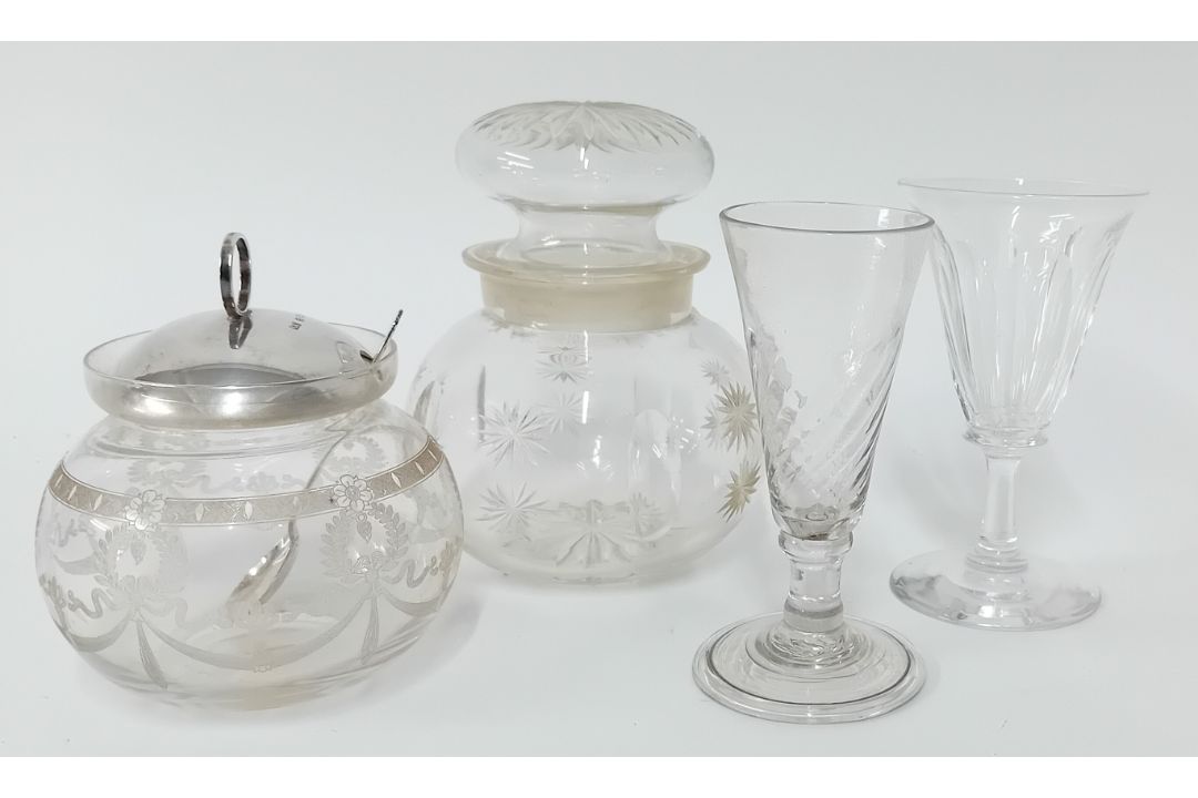 Two 19th century wine glasses, together with a cut glass pickle jar and an engraved pickle jar