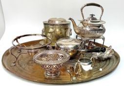 A collection of silver plated items, comprising of a picnic kettle, waffle warmer, sugar tongs and