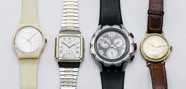 Marvin, a 9ct gold gents wristwatch together with two Swatch watches and a Seiko.