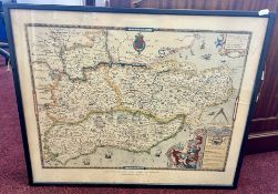 A 'Saxtons Map Of Kent, Sussex and Surrey and Middlesex 1575', cracked glass, and 5 other framed and