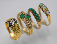 Two 18ct yellow gold dress rings, approx 9.1g, 9ct gold turquoise stone ring, approx 2g and a opal