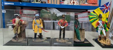 A model of 'Private 1st Bengal European Regiment 1737' in a Perspex display box, with 3 other models
