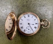 A gold plated Waltham full hunter pocket watch, the white dial with roman numerals and a sub