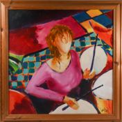 Lee Woods (1964-), oil on board, 'Drummer', signed, framed, overall size 88.5cm x 88.5cm.