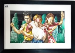 Simon K. Bennet, two pop art images, together with a three panel framed piece of eyes, to include