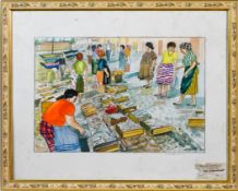 P.I.Thomas, two watercolours, to include 'The Fish Market', and 'Making Waves', framed and glazed,