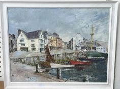 Two unsigned oil on boards of Plymouth Fish Market, framed, overall size 30cm x 30cm; 40cm x