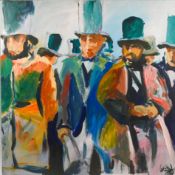 Lee Woods (1964-), oil on board depicting Victorian Gentlemen in top hats, signed, framed, overall
