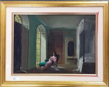 Deborah Jones, oil on board of a Victorian Interior, framed, overall size 31cm x 40cm,