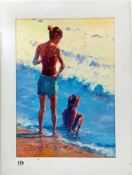 Russel Pond (1966-), an oil on board beach scene, signed, framed, overall size 56cm x 46cm, together