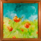 Lee Woods (1964-), oil on board, 'Poppies', signed, framed, overall size 88.5cm x 88.5cm.