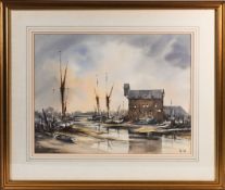 Peter Toms (1940-) watercolour on paper, 'Barges, Faversham Creek', signed, framed and glazed,