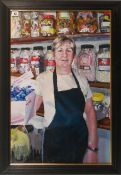 Simon K Bennett (Plymouth artist, school of R. Lenkiewicz), oil on canvas, 'Jan, the Tuck Shop,