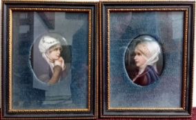 A pair of portraits of women in period dress, painted in 19th century continental school style on