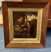 A 19th century painting in the Dutch manner, oil on board, Figures in a Tavern, oak frame, overall