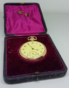 A Howard 14k pocket watch, monogrammed to the reverse, with arabic enamel dial (cracked), under