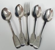 Four Victorian silver teaspoons, hallmarked Exeter 1862 (one misshapen), together with a small