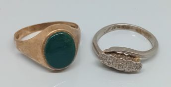 A 9ct gold Gentleman's ring, with large green stone, together with an 18ct white gold dress ring,