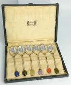 A set of Liberty and Co. silver teaspoons, boxed, with coloured stone finials, hallmarked Birmingham