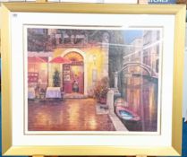 Haixia Liu (1962-), print, 'Night Café after Rain', framed and glazed, overall size 80cm x 95cm.