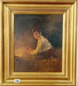 After Karl Witowski, an oil on canvas of a small boy warming himself by a fire, indistinct