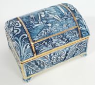 A Capodimonte porcelain jewellery chest on raised feet, blue and white relief decoration of pastoral