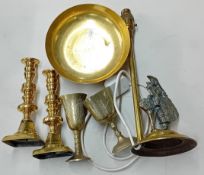 A quantity of brass items, to include a Derverlea brass bowl with engraved Oriental imagery,