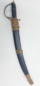 A 19th century near Eastern short sword and scabbard, leather grip wrapped with copper wire, the