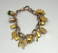 A 9ct gold charm bracelet set with fourteen charms, approx 34.3g.