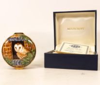 Moorcroft enamel Barn Owl round lidded box by Terry Halloran, Limited edition number 44. Boxed