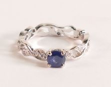 Sapphire ring with Diamond Vine Band - The brilliant cut Sapphire measures 5mm, approx carat