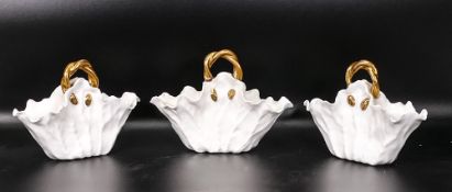 Late 19th century Moore & Co & similar later porcelain posy baskets, with ripple edges, gilt