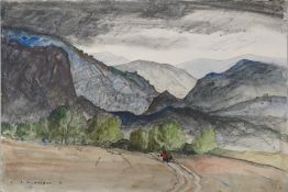 Reginald George HAGGAR (1905–1988) Mountainous Landscape with figures to foreground. An unusual