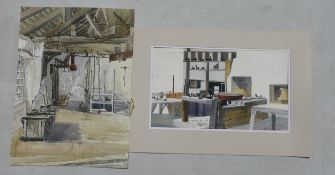 Doris Brown S.W.A (1933-2023) One Interior Workshop Scene together with similar unsigned example.