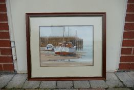 Doris Brown S.W.A (1933-2023) 'Watchet Harbour' Coastal Landscape of a Harbour at Low Tide.