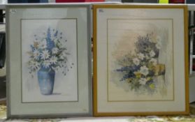 Doris Brown S.W.A (1933-2023) Two Large Floral Still Lifes, 'Daisies in Blue Vase No.3' and 'Just