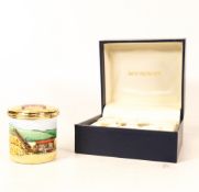 Moorcroft enamel Tractor round lidded box by Faye Williams . Boxed , diameter 4.5cm