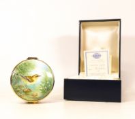Moorcroft enamel Yellow Wagtail round lidded box by Terry Halloran , Limited edition 29/75. Boxed