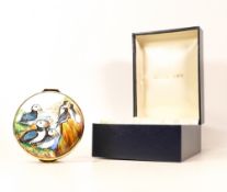 Moorcroft enamel Puffins round lidded box by R Douglas Ryder , Limited edition 68/75. Boxed with