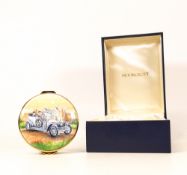 Moorcroft enamel Rolls Royce Silver Ghost round lidded box by Peter Graves . Boxed , Diameter 7.5cm