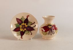 Moorcroft Columbine patterned pin dish and vase, height of tallest