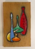 Hagen Renaker for Wade, A Ceramic 'Bottles' plaque moulded with naturalistic wooden back, with burnt