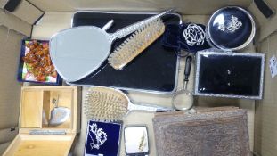 A collection of costume jewellery together with brushes, mirror, lidded trinket boxed, etc (1 tray)